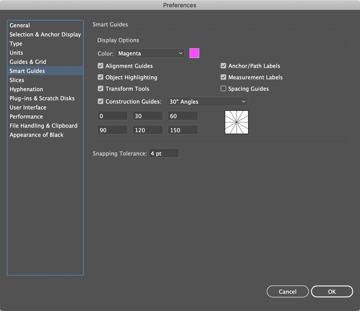 Illustrator preferences for Smart Guides