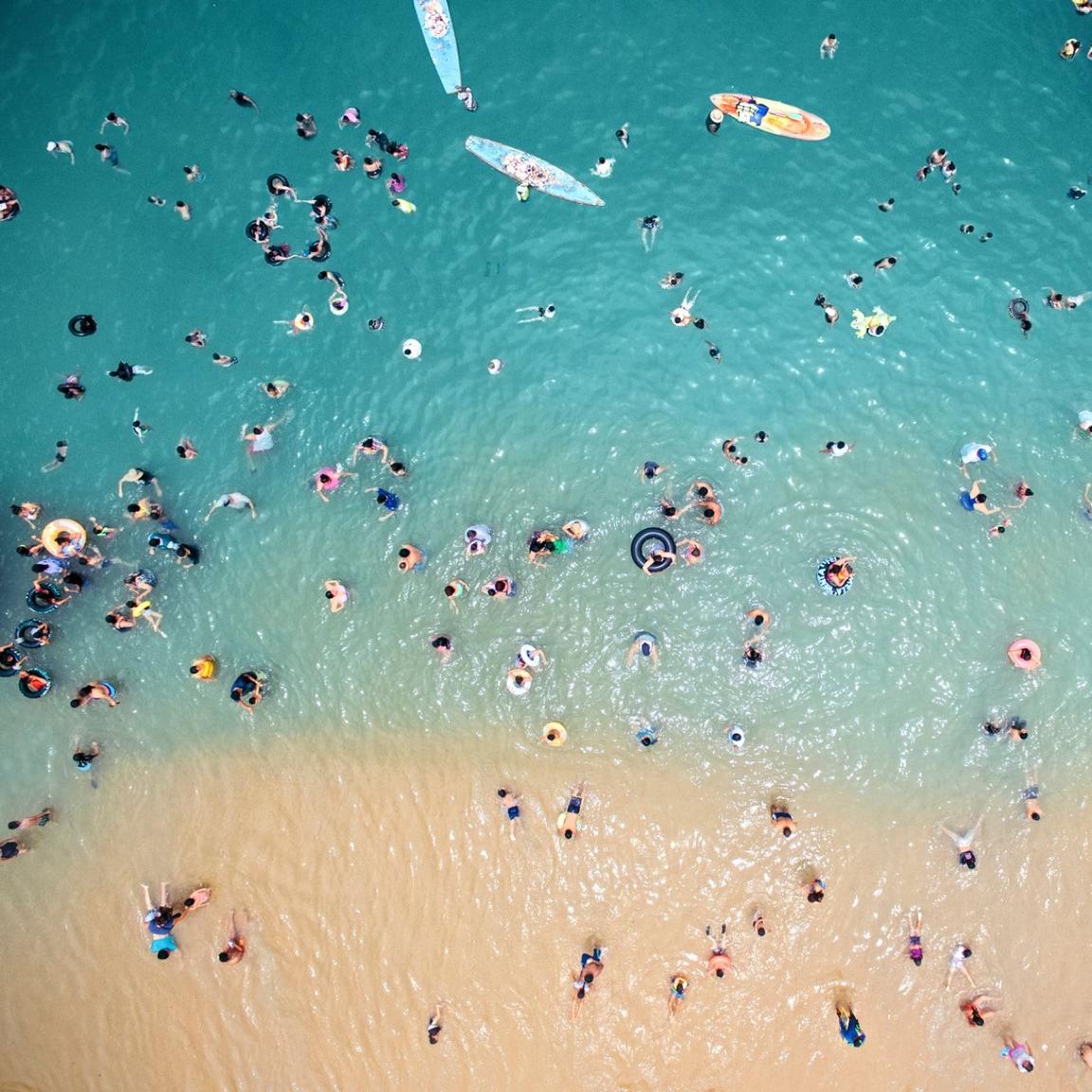 aerial view of people on beach